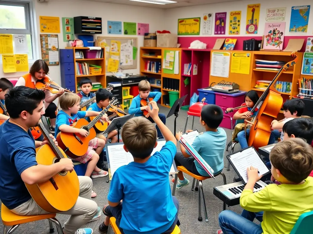 An image showing children participating in a music workshop, with instructors guiding them through various musical instruments and activities, highlighting ACB's commitment to youth education.
