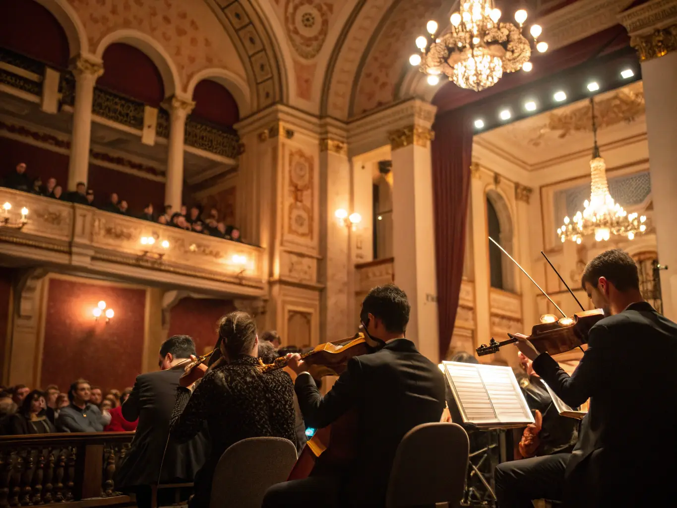 A vibrant image depicting a classical music concert in a historic building, showcasing musicians performing and an engaged audience, capturing the essence of ACB's cultural events.
