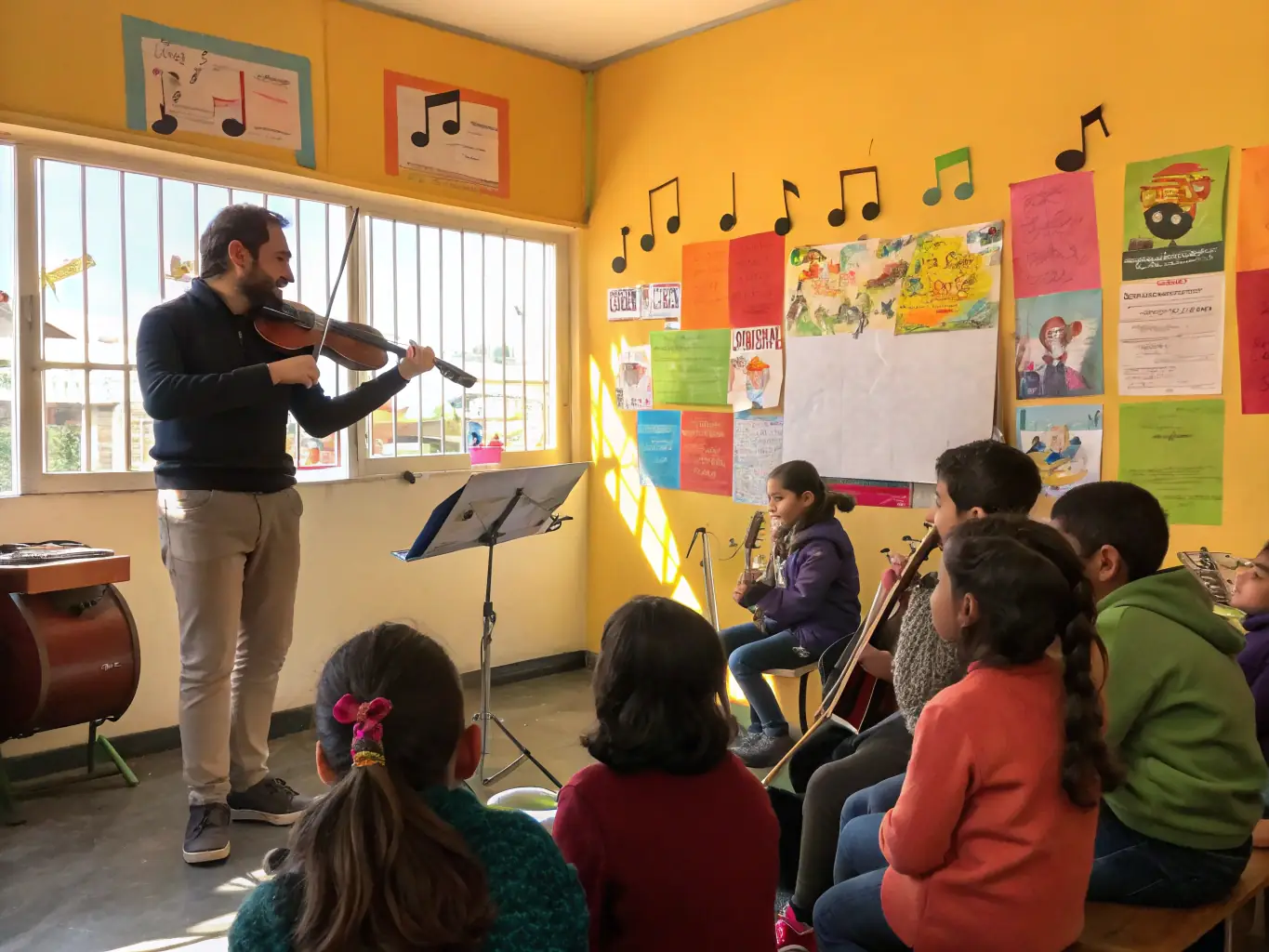 A group of young students participating in a music workshop with a professional instructor guiding them, showcasing an Educational Workshop.