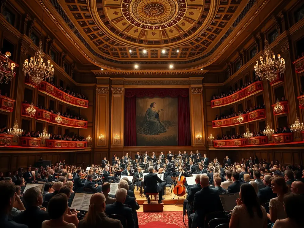 An elegant concert hall filled with an attentive audience listening to a symphony orchestra performing on stage, capturing the essence of a Classical Music Concert.